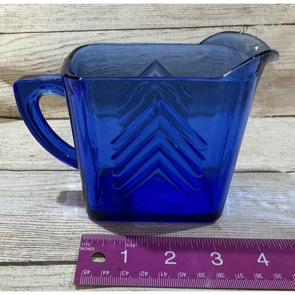 Vintage Hazel Atlas Cobalt Blue Glass Chevron Pattern Creamer Pitcher EXCELLENT